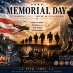PG Pool & Spa Memorial Day tribute honoring American service members with patriotic artwork featuring the American flag, soldiers, Pearl Harbor, World War I, World War II, and the Korean War.