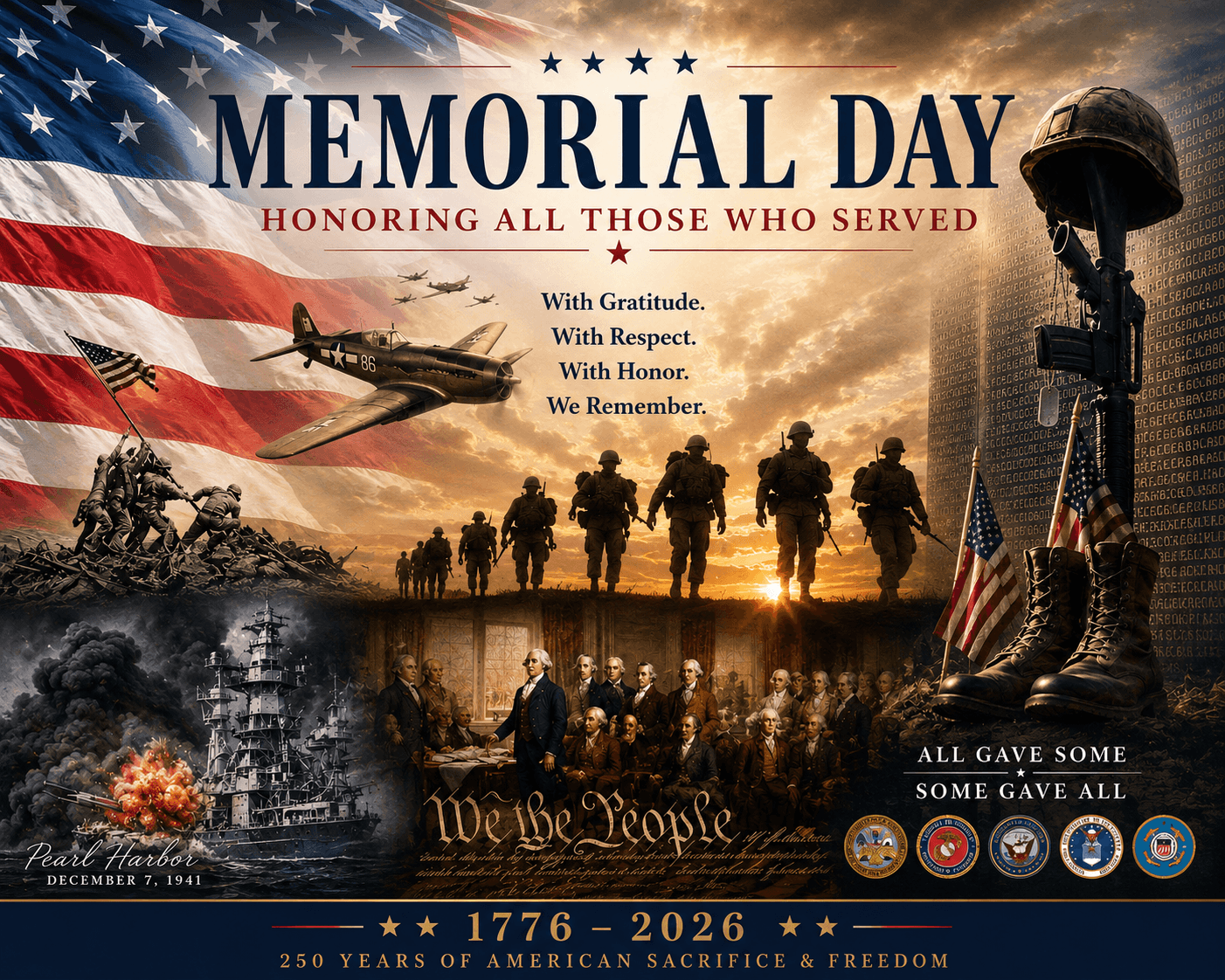 PG Pool & Spa Memorial Day tribute honoring American service members with patriotic artwork featuring the American flag, soldiers, Pearl Harbor, World War I, World War II, and the Korean War.